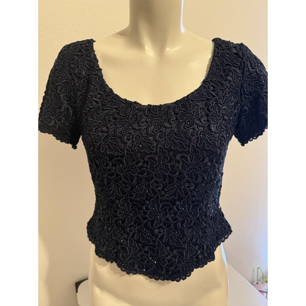 CARMEN MARC VALVO Navy Ornate Embellished beaded Blouse Top 6 Petite Embroidery
